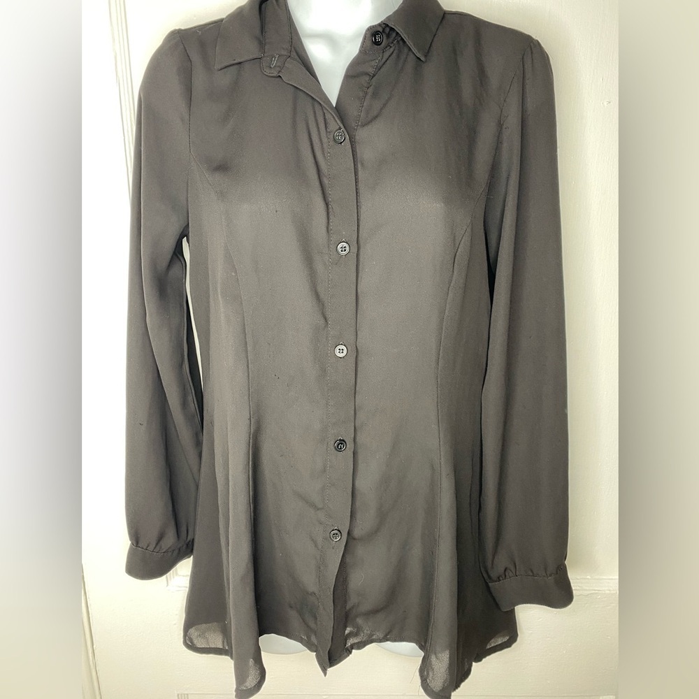 Alex Marie Black Fitted Sheer Button Down Shirt missing button